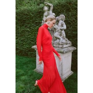 PROENZA SCHOULER Red Paula Sheer Long Sleeve Cinched Waist Maxi Gown size 6